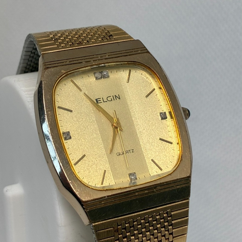 Vintage Elgin Quartz FK-286 Men's Dress Watch Gold Tone Mesh Diamond Dial 30mm